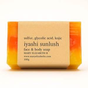 Mary Elizabeth R Iyashi Sunlush Sulfur + Glycolic Acid + Kojic Face and Body Soap for Skin Lightening and Acne Treatment