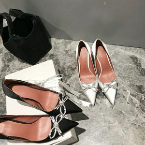 Elegant Satin High Heels Womens Thin Heel 2024 New Spring Autumn White Wedding Shoes Diamond Butterfly Knot Pointed Toe Black Single Shoes