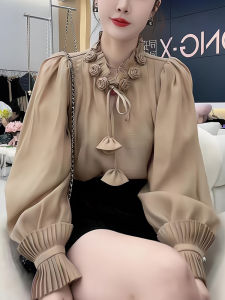 Unique Design French Rose Floral Stand Collar Bubble Sleeve Shirt Womens Fashion Early Autumn European Style Small Audience