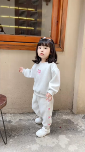 Set bộ dài tay chất nỉ 2 da họa tiết thêu nơ dễ thương cho bé gái từ 9 tới 25kg BERNIE KIDS H1024B07