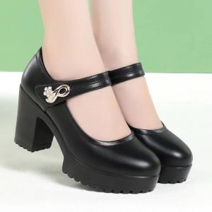 Black Shoes for Kids Girl School Shoes Comfortable Breathable Black Shoes for Women Soft Leather Shoes with Medium Heels Mother Shoes