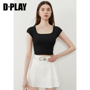 D-PLAY | Áo Thun Nữ Ôm Body Có Lót Cổ Vuông Pháp T-Shirt Ngắn