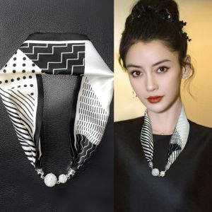 Magnetic Suction Clasp Silk Scarf Hair Band Black and White Magnetic Buckle Iron Suction Small Silk Scarf Small Bench Female 2023 New Arrival Pearl Necklace