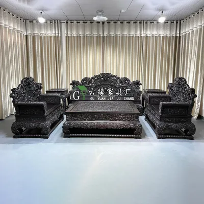 Retro Redwood Carved Dragon Sofa Chair Living Room Seat Six-Piece Set Luxury Vintage Style Solid Wood Furniture Suite