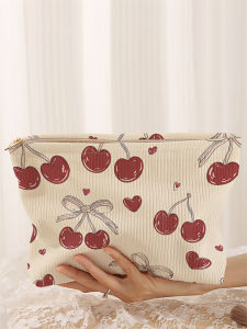 1 cherry patterned corduroy makeup bag lightweight zipper makeup storage box multifunctional bag with lining