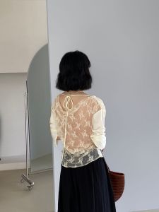 เสื้อเชิ้ตผ้าซาตินอะซิเตทโปร่งลายลูกไม้แขนกุดสไตล์ฝรั่งเศสสำหรับผู้หญิง เสื้อผ้าทำงานสไตล์เกาหลีทรงสลิมฟิต