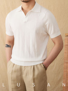 Luxury Breathable Cotton Linen Knitted Polo Shirt for Men Slim Fit Seagull Collar