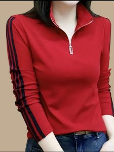 Autumn Winter New Style Womens Long Sleeve Pure Cotton T-Shirt Half Zipper Base Shirt Top Fashionable Striped Anti-Aging