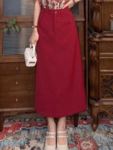 Red A-Line Midi Skirt High Waist Slimming Summer Vintage Style Womens Half-length Skirts with Pockets by Chinese Manufacturer
