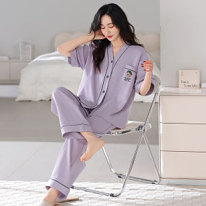 Miiow | Pink Pure Cotton Short Sleeve Sleepwear Womens Summer Outfit Home Clothes V-neck Cartoon Print Youth Size Comfortable Nightgown