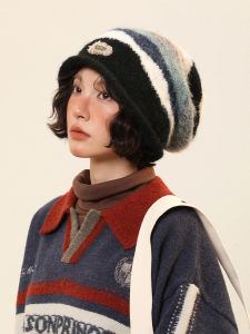 Mũ Len Tua Rua IIING Retro Stripes Color Block Knitted Cap for Women Autumn Winter Small Face All Match Cold Trendy Mũ Trùm Đầu