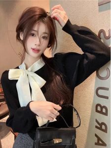 Korean Style Sweet and Spicy Style Inner Bottoming Shirt Female 2024 Fall/Winter Slim Short Bows Soft Girl Beautiful Knitting Sweater