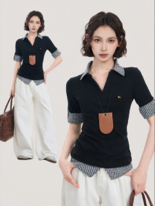 BAIDAIFEI | Faux Layered V-Neck Fitted Short Polo Shirt