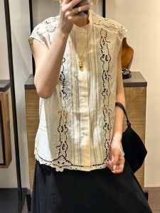 QINGNAER | Elegant French Style Loose Lace Cut-out Embroidery Mandarin Collar Sleeveless Blouse