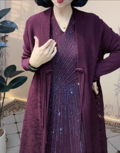 ชุดแต่งงานผ้าไหมน้ำแข็งถักหนักสไตล์ไฮเอนด์ ชุดเดรสยาวคอวีแขนยาวฤดูใบไม้ร่วง/ฤดูหนาว กระโปรงทรงเอเอวกลาง