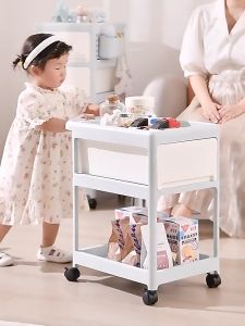 Household Storage Cart with Universal Wheels Poweful Load Capacity 2/4 Tier Utility Cart Trolley for Baby Product Kitchen Bathroom Food Grade Safe Material Organize Rack with Hanging Baskets Hook