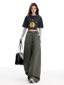 Quần Jeans Ống Loe Cạp Cao Màu Xanh Militaire Rộng Rãi Phong Cách Mỹ Cho Nữ Quần Jeans Ống Loe Ống Rộng Thường Ngày Mùa Thu