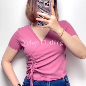 Atasan Vneck Serut Wanita / Crop Top Vneck Rajut Rib 4012