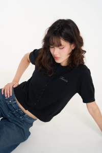 TEMTA - Luna Top - เสื้อไหมพรมแขนสั้น สีดำ สีเทา คาร์ดิแกน คอกลม กระดุมหน้า เสื้อคลุมใส่สบาย แฟชั่น