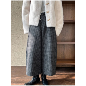 High Waist Wide Leg Pants Korean Style Commute Fashion Tweed Material Elastic Waist Casual Banana Pants Slimming Nine Points