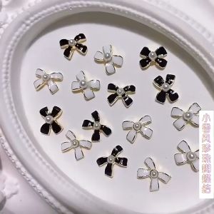 Túi 10 Cái Nơ Đính Ngọc Màu Đen Trắng Phụ Kiện Trang Trí Móng Tay Xinh Xắn/Nail nghệ thuật đồ trang trí