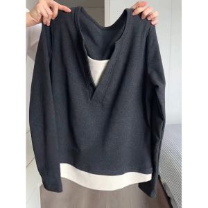 Chic Long Sleeve T-Shirt Autumn New Style plus Size Womens Fashion Slimming Base Layer Top Korean Style Loose Fit V-Neck