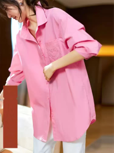 เสื้อเชิ้ตปักลายสำหรับผู้หญิงเสื้อเชิ้ตสีทึบคอโปโลลำลองคอ90กก. แขนยาวสไตล์ฤดูใบไม้ร่วงขนาดใหญ่พิเศษ