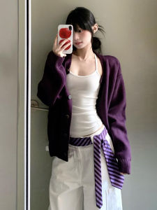 Korean Style Purple Knitted Sweater Coat Womens Autumn Winter New Fashion Lazy High-End Feelings Loose Fit Short Outerwear