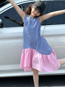 Girls Plaid Summer Dress Big Kids Checkered Skirt Korean Style Color Block Dresses Childrens Clothing Retro A-Line Midi Dress