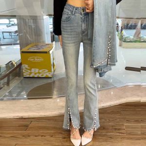 High Waist Flared Jeans Womens Summer 2024 New Style Bead Embellished Slit Micro Flared Long Pants Cotton Polyester Blend
