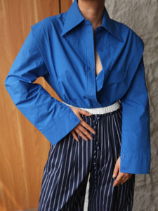 French Design Klein Blue Shirt Loose Fit Long Sleeve Straight Shoulder Versatile Top A1st Edit Shop Comfortable Cotton Polo Collar