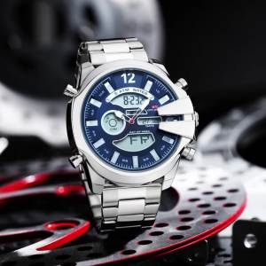KAT-WACHMens Oversized Hybrid Watch - Dual Movement (Quartz + Digital) Stainless Steel Band Alloy Case Big Dial Chronograph Dat
