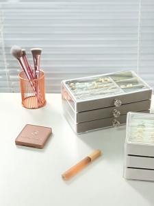 Acrylic Velvet Jewelry Organizer with 3 Drawers Stackable Display Storage Earrings Necklace Bracelets Box