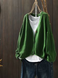 Loose Cotton Knitted V-Neck Cardigan Womens Long Sleeve Spring Autumn Outerwear Comfortable Lazy Style Fashion Commute