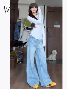 Quần Jeans Denim Ống Rộng Cạp Cao Màu Xanh Nhạt Thời Trang Mùa Xuân Quần Dài Đến Sàn Ôm Dáng Thường Ngày Cho Nữ