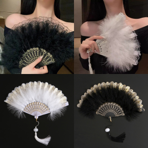 C.B.【Ready in Stock】 Feather Fan Folding Fan for Lolita Costume Accessories Dance Wedding Party Decor