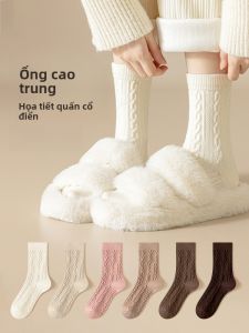 JINGCHI | Tất ống dài bằng lông cừu dày cho nữ mùa đông cổ cao màu trắng Tất cotton dày dặn ấm áp cho nữ Tất dài đến giữa bắp chân