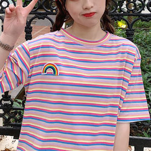 Áo Thun Nữ Tay Ngắn Mùa Hè Mới Phong Cách Hàn Quốc Sọc Nhiều Màu Sắc Rộng Rãi Đa Năng Thời Trang Đường Phố Cổ Tròn