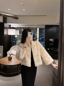 Elegant Short Sleeve Womens Jacket Luxury Faux Fur Coat Stylish Korean Style Stand Collar Three Button Closure Winter Outerwear