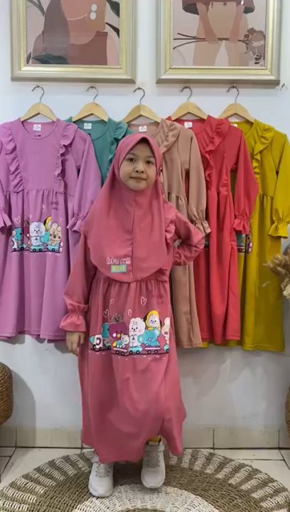 YN - GAMIS ANAK SET HIJAB 2-11 TAHUN/ BAJU MUSLIM NGAJI ANAK PEREMPUAN MOTIF YUMMY POPCORN HIJAB BAJU ANAK NGAJI BAHAN FOXY