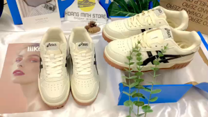 Giày thể thao nam nữ asic kem đen full box tặng tất