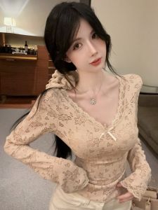 GUZILIAN | เสื้อเชิ้ตคอวีลูกไม้ลายดอกไม้เซ็กซี่สำหรับผู้หญิง Pure Desires ฤดูใบไม้ร่วง/ฤดูหนาว เสื้อชั้นในที่สวมใส่ได้สองทาง