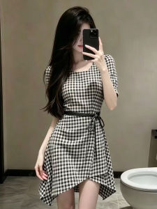 SENWA | Irregular Waist-Cinching Plaid Dress