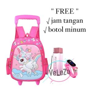Tas ransel troli anak tas dorong tas anak motif unicornn free gift botol minum jam tangan tas anak PAUD TK tas ransel troli anak