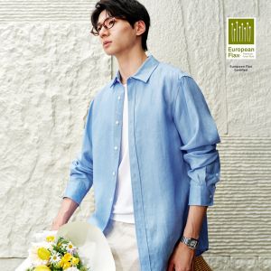 MIANXIANSHENG | Premium Retro Loose-Fit Pure Linen Shirt Blue Long Sleeve