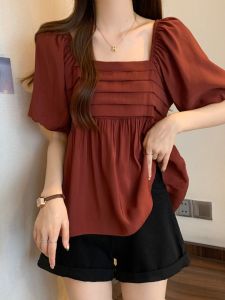 เสื้อเบลาส์ชีฟองสไตล์ฝรั่งเศสทรงหลวมสําหรับผู้หญิงฤดูร้อนมาใหม่พร้อมเสื้อผ้าทํางานลําลองคอเหลี่ยม Ruffles ขนาดใหญ่