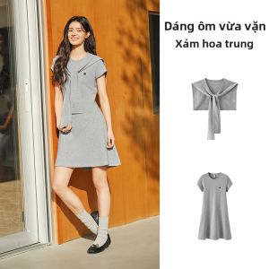 Semir | Đầm Thun Cổ Tròn Tay Ngắn Có Thêu Phân Cánh