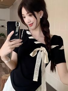 plus Size Black Short Sleeve T-Shirt Womens Summer New Butterfly Knot Body Shirt Meat Conceal Thin Upper Body Korean Style