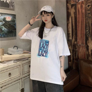 เสื้อยืดคอกลมแขนสั้นผู้หญิงสไตล์เกาหลีหลวมๆ แฟชั่นลำลอง ลายตัวอักษร คอกลม เสื้อผ้าทำงานฤดูร้อน ผ้าโพลีเอสเตอร์