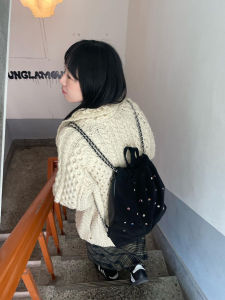 Faux Velvet Color Block Gem Chain Womens Backpack Drawstring Handbag Commuter Style Nylon Lining Double Shoulder Bag